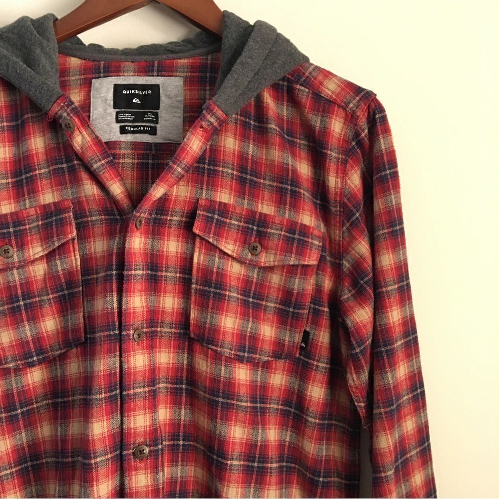 Quicksilver Red Plaid Flannel Button Down with Hood 90s Grunge Y2K | Size XL